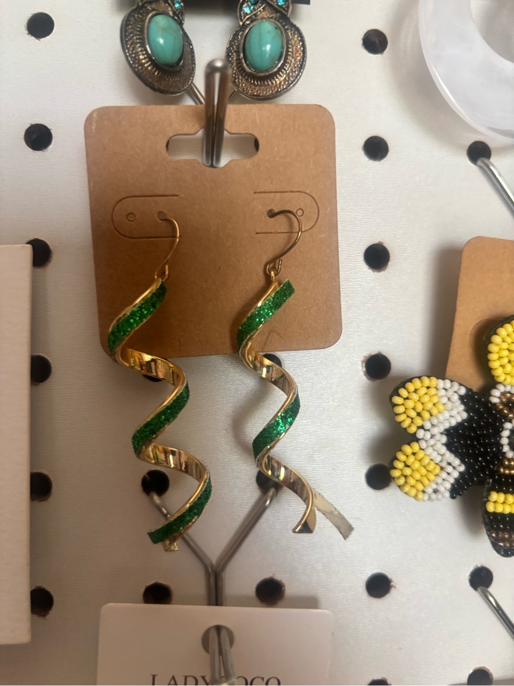 Gold and Green Spiral Drop Earrings - Women's Jewelry